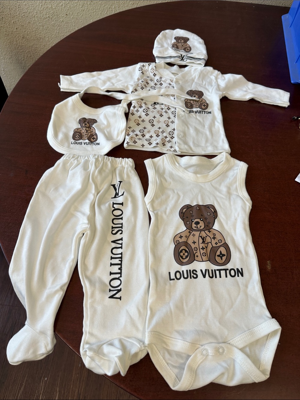 Louis Vuitton White & Brown Teddy Baby Pajama Set - 5 Piece
